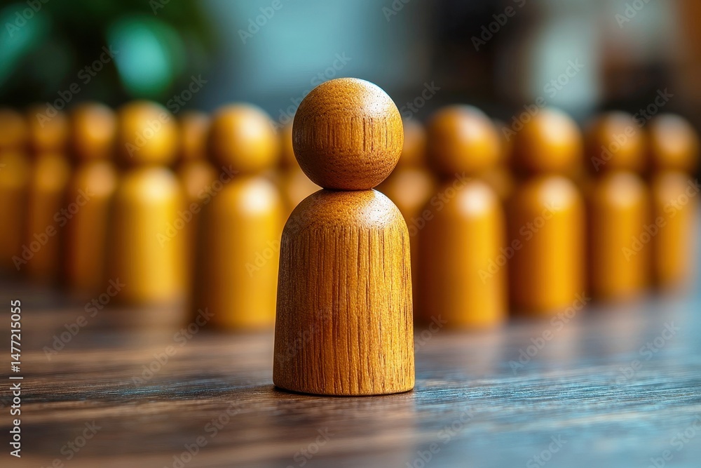 Poster wooden figurine standing out in a crowd of similar shapes with soft focus background in warm tones f