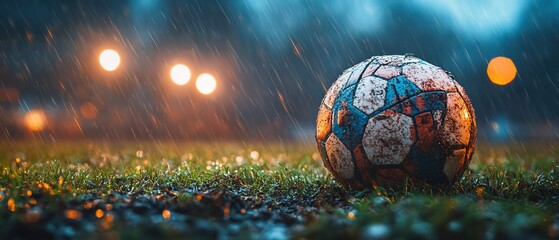 Worn soccer ball rests on dewy grass in a rainy field under blurry lights