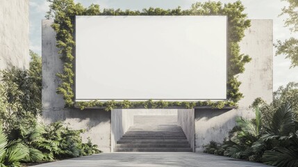 Blank billboard mockup in lush tropical garden setting with concrete stairs.