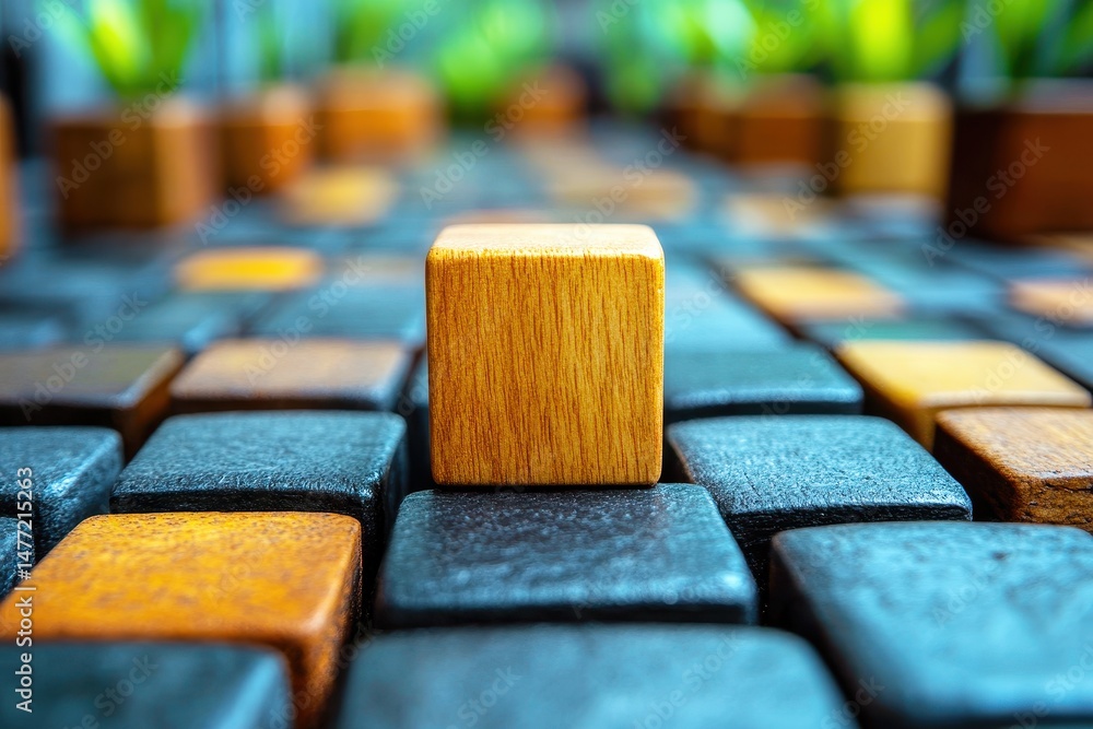 Poster detailed close-up of wooden and stone cubes arranged in a creative pattern with greenery in the back