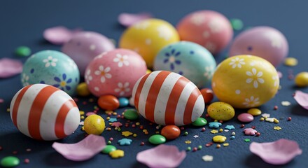 Fototapeta premium Colorful Easter Eggs with Candy and Petals