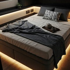 Fototapeta premium A comfortable bed with soft gray bedding, decorative pillows, a breakfast tray with tea, and warm ambient lighting underneath