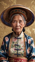 Vietnamese female elderly wearing traditional attire on a pale gold background