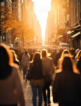 Vertical video of anonymous crowd crossing busy city street, urban diversity and lifestyle in sunlight

