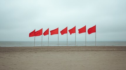 Fototapeta premium Group of tall beach flags fluttering at even intervals on a quiet oceanfront beach