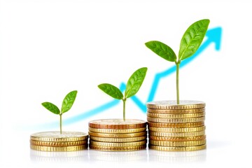 Growing financial investment and profits illustrated with coins and ascending green sprouts