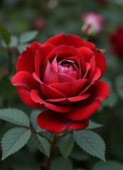 Velvety Red Rose in Full Bloom with Dew Eye Level Macro Shot in Soft Light