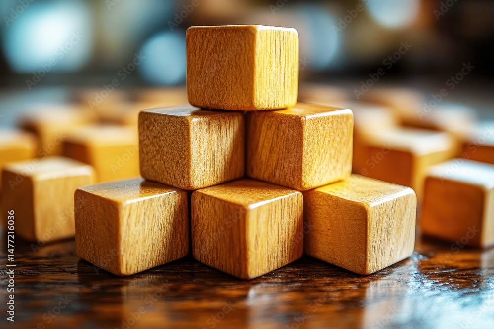 Poster wooden building blocks stacked in a pyramid formation on a wooden surface with a soft focus backgrou