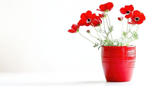 High-resolution image of red flowers arranged in a red pot, set against a pure white background