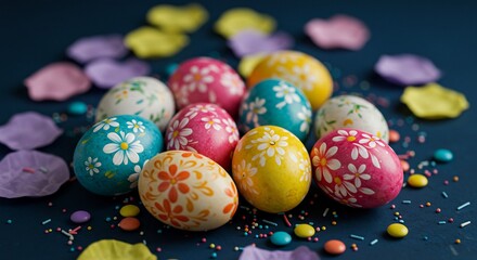 Fototapeta premium Colorful Easter Eggs with Floral Pattern and Candy