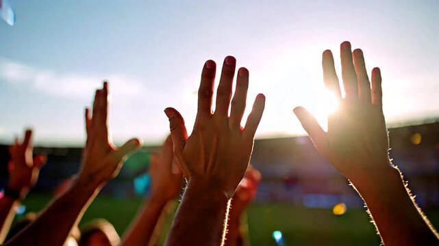 Fans cheering, waving flags and supporting their football team at a championship match in a packed stadium on a sunny day. Soccer crowd celebrating goal, sports enthusiasm, unity and joy.