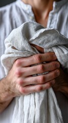 Close-up of hands holding a white linen cloth