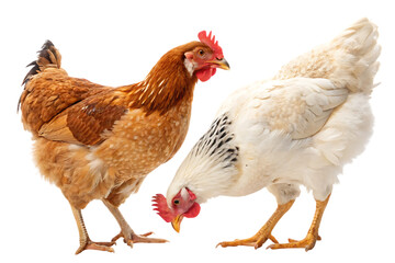 Fototapeta premium Two chickens one brown and one white isolated image
