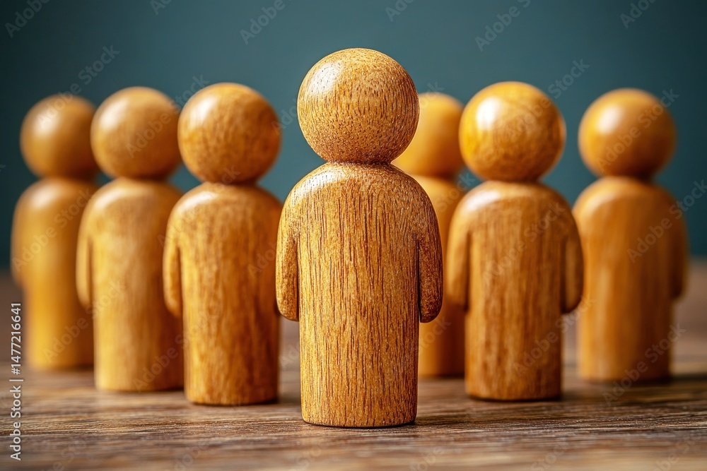 Poster wooden figurines representing team cooperation and unity in a professional environment with a soft f