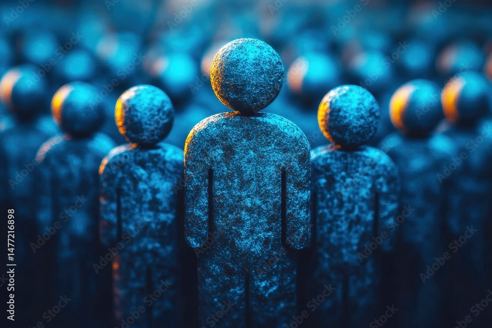 Poster abstract representation of people in a crowd highlighting individuality with glowing blue and orange