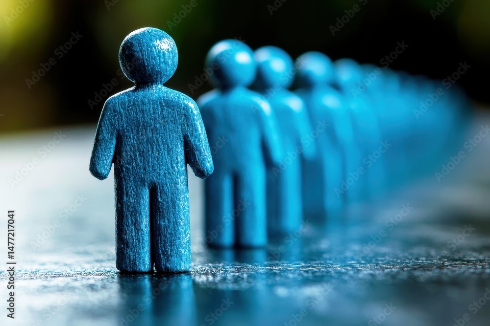 Poster blue wooden figurines in a line with soft focus background representing unity, teamwork, and collect