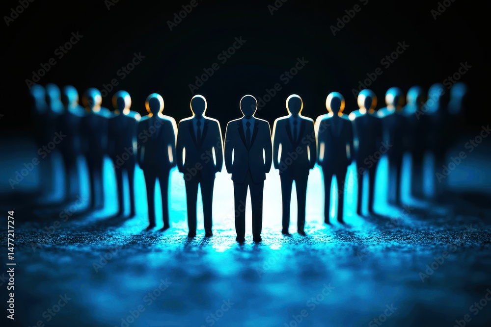 Poster silhouetted business figures in dark background creating an ambiguous corporate environment with moo