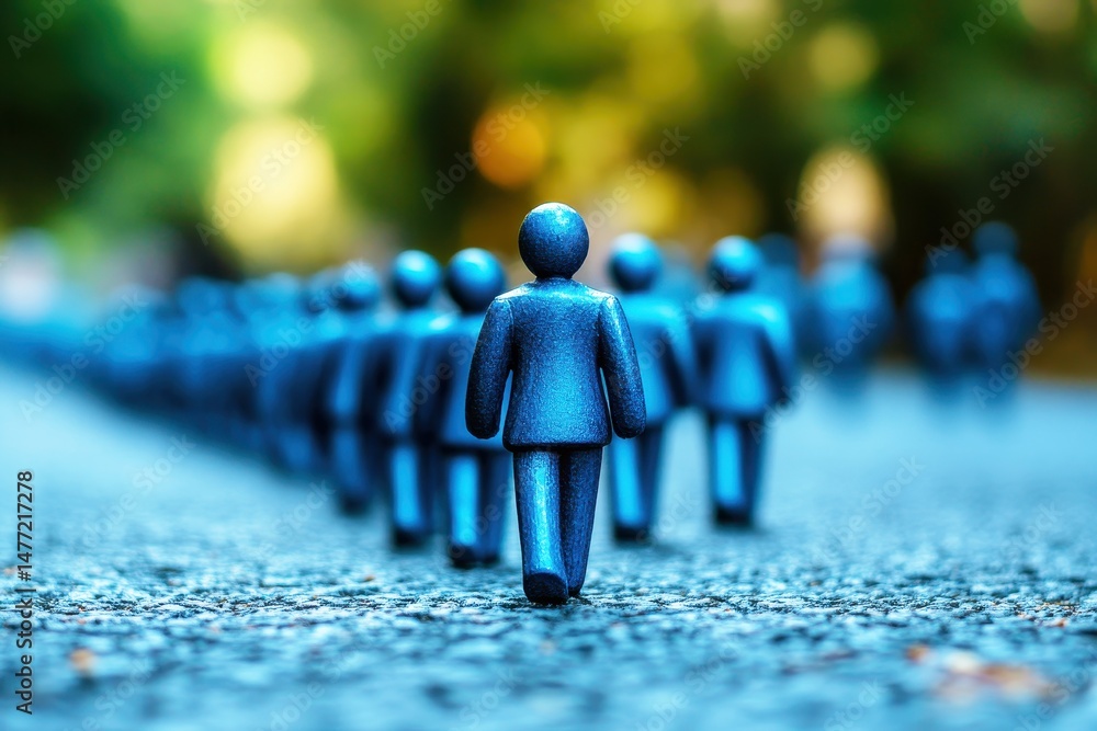 Poster abstract representation of crowd following a single person in a blurred background showcasing unity,