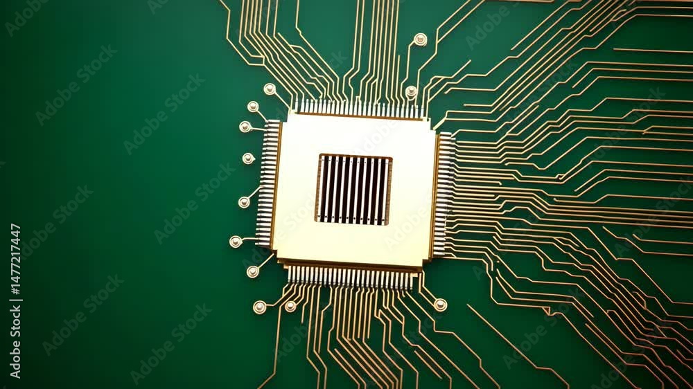 Aufkleber electronic circuitry: a close-up shot of a computer chip and its intricate circuitry on a green boar