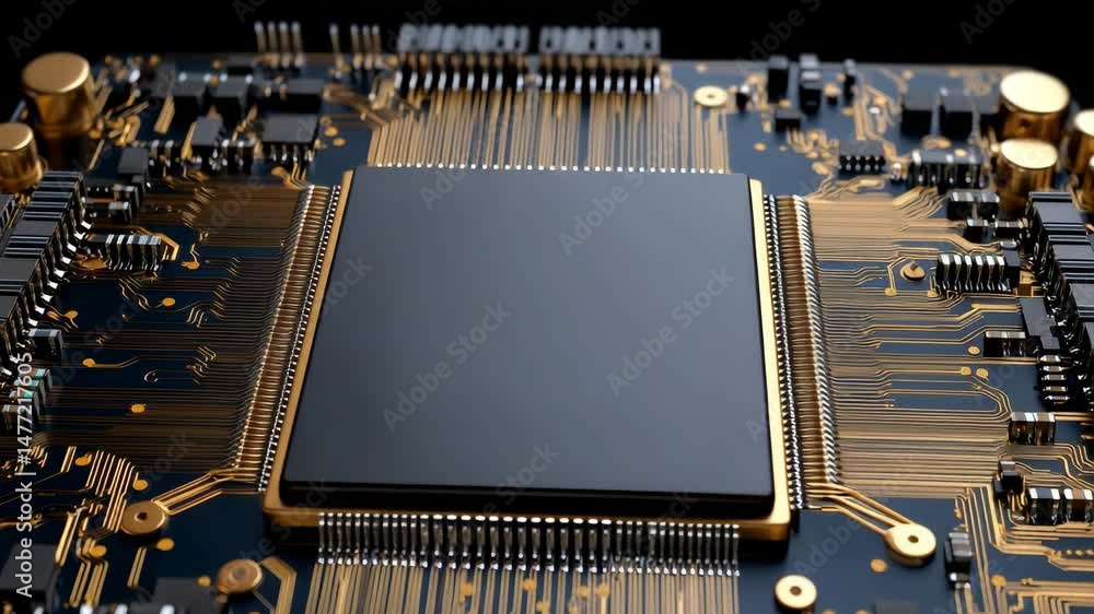 Poster digital circuit board: high-angle, close-up view of a circuit board with a central processor, detail