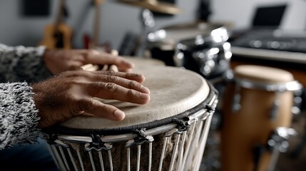 Close-up of hands playing a djembe drum in a music studio
