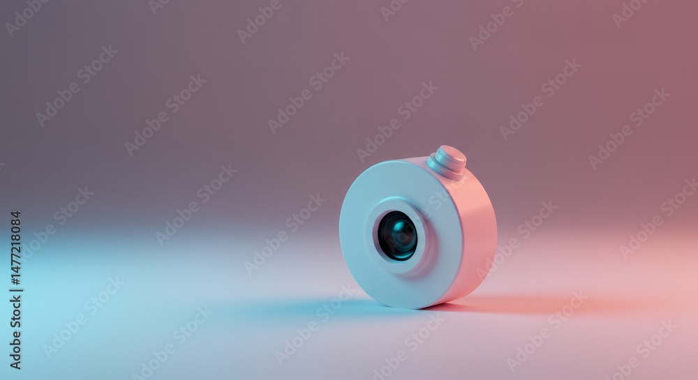 Poster white circular object rendered in 3d with cyan and pink gradient lighting and a minimalist backgroun