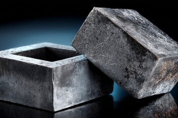 Metallic blocks display intricate textures and reflections against a dark backdrop, showcasing their unique shapes and surfaces