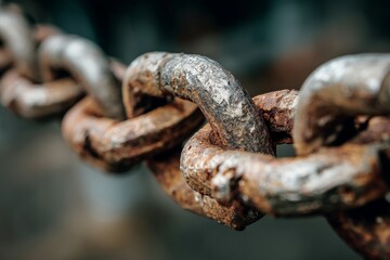 Close-up view of an old, rusted metal chain in an outdoor setting, showcasing wear and tear from time and elements