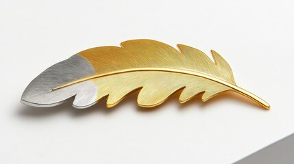 Minimalist display of a luxury feather brooch in gold and silver against a clean white surface