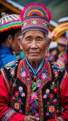 Fototapeta premium Hmong male elderly wearing embroidered attire in a hill tribe festival