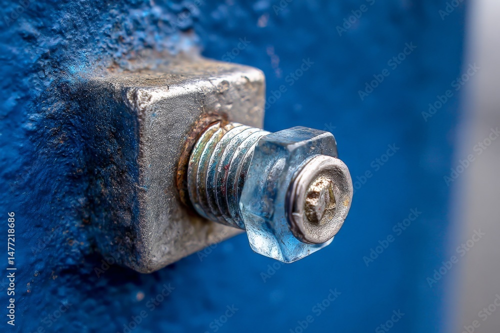 Poster close-up view of a metallic bolt and nut against a blue background showing texture and detail in con