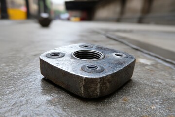 Rusty metal plate rests on pavement in urban area during midday light