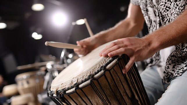 Close-up of hands playing a djembe drum