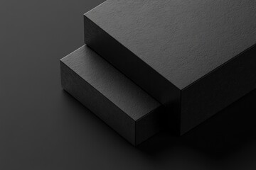 Two stacked black boxes, close-up, matte finish, minimalist presentation.  A slightly larger box sits beneath a smaller one,  creating a three-dimensional effect against a dark backdrop