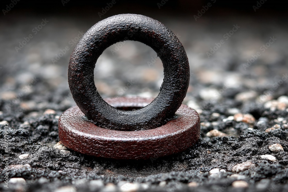 Aufkleber black ring and disc magnet resting on dark surface close up during daylight hours showcasing their t