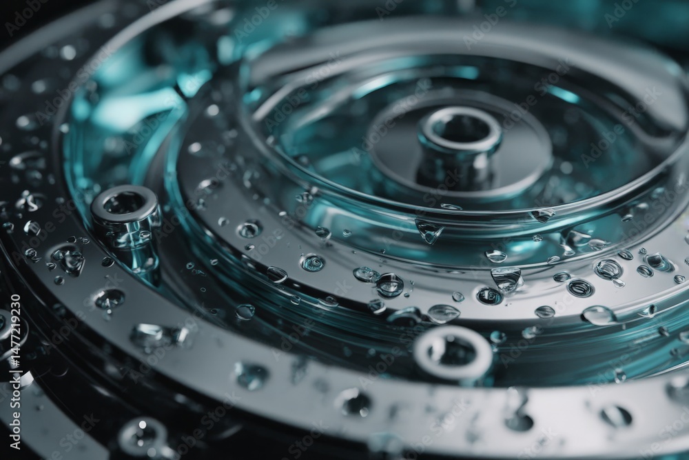 Aufkleber close-up of metallic gears with droplets showcasing intricate details in industrial design and engin