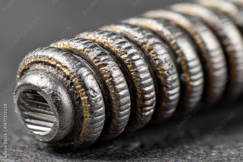 Aufkleber Close-up view of a threaded metal screw resting on a dark surface highlighting its texture and details