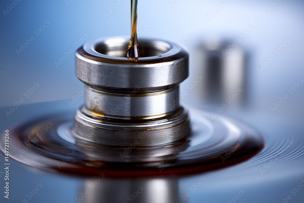 Poster oil is being poured into a metallic component in a workshop setting with a blurred background and fo