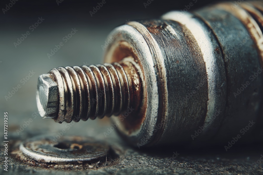 Leinwandbilder close up of a rusty metal screw with visible threading on a textured surface during low light condit