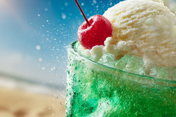 Close-up of Cream Soda with Vanilla Ice Cream and Cherry on a Hot Summer Day