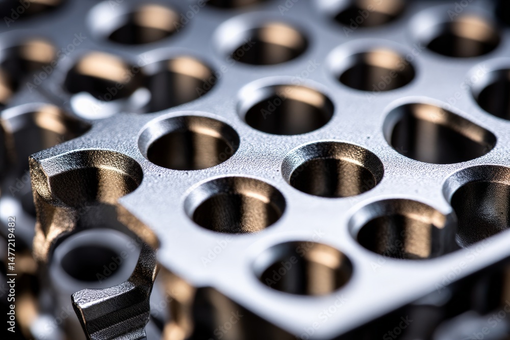 Leinwandbilder Close-up of precision engineered metal component showing intricate hole patterns and finished surfaces in a workshop environment