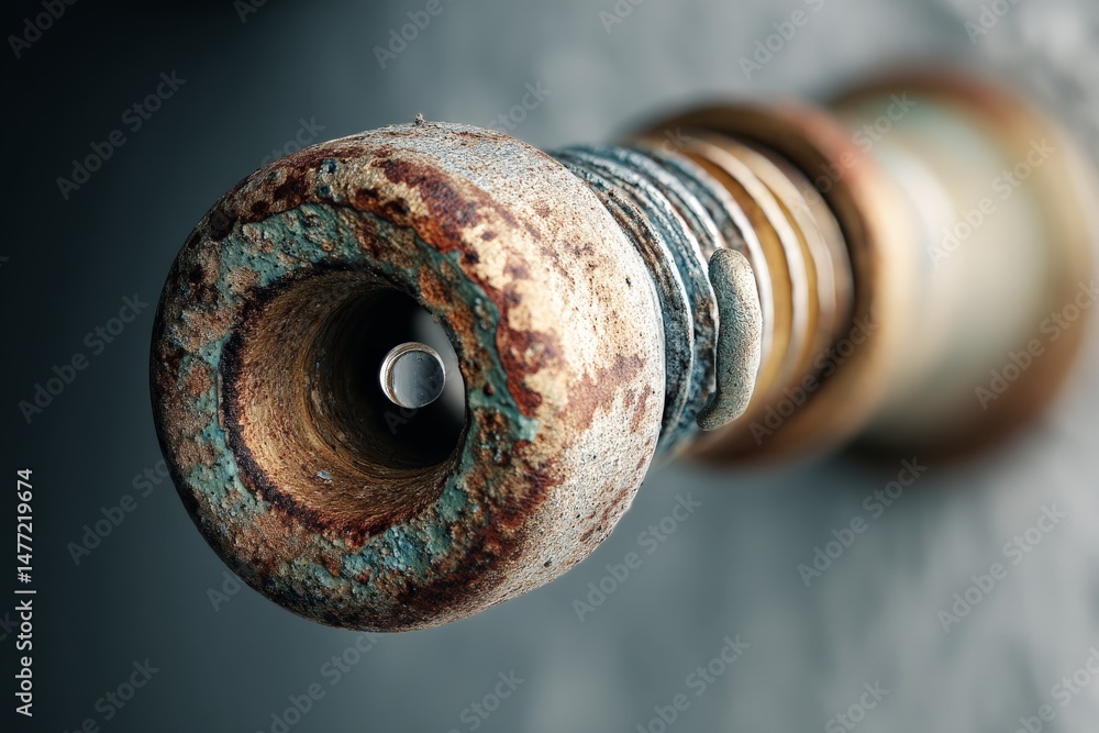 Poster close-up view of an old, weathered door handle highlighting intricate details and textures in a rust