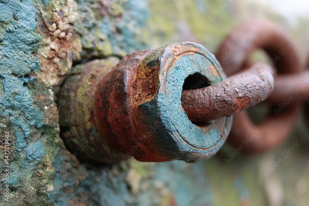Poster Rusty bolt and chain on a weathered surface in an industrial setting