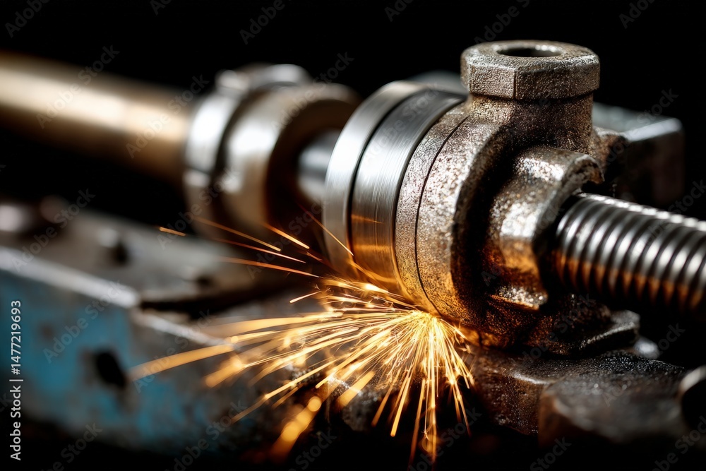Leinwandbilder sparks fly from a metalworking lathe during precision machining in a workshop