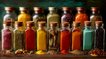 Jars with a variety of colorful spices and seasonings. Healthy eating