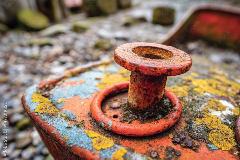 Poster rusty orange object with textures and moss found in a forgotten area during daylight