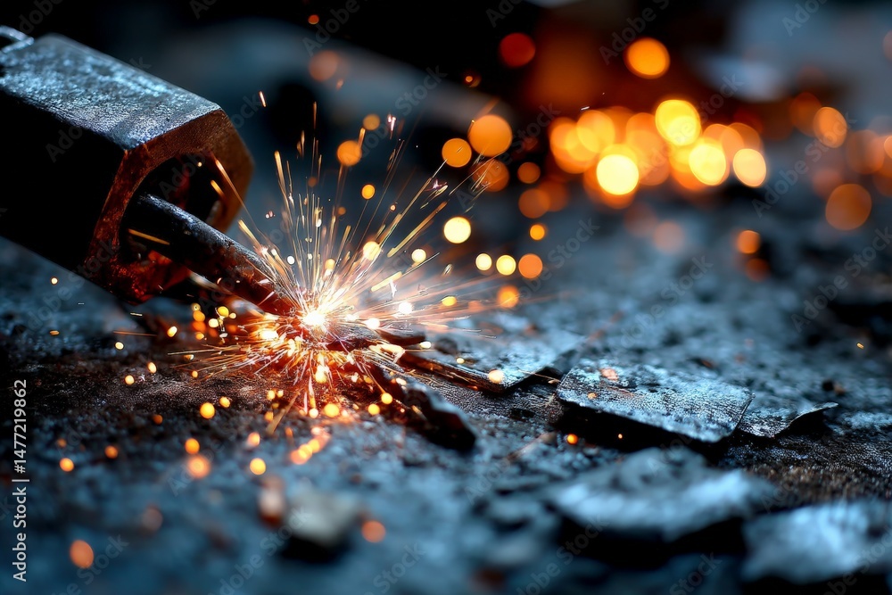Poster metalworking sparks fly during welding process in workshop at dusk creating a dramatic, artistic eff