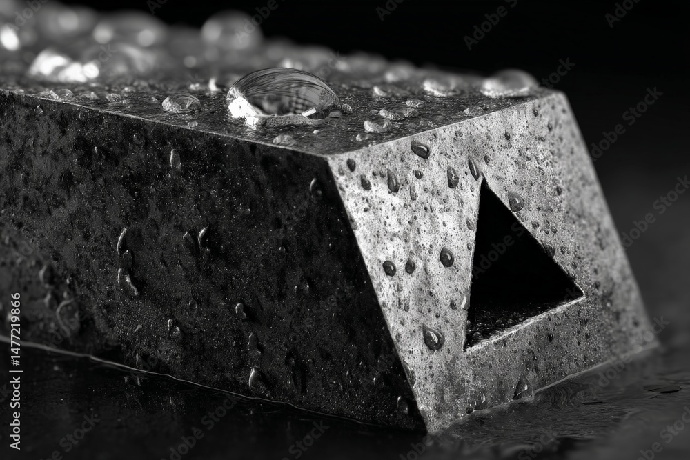Aufkleber Close-up of a metal object featuring droplets on its surface with a triangular cutout in a dark setting