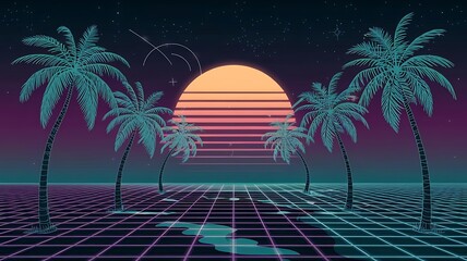 Naklejka premium Retro Synthwave Sunset Palm Trees 80s Inspired Digital Art