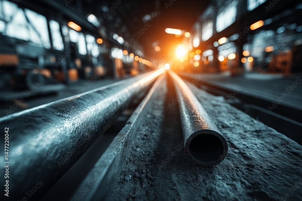 Poster Steel pipes in a dimly lit industrial setting with warm sunlight filtering through large windows at dusk